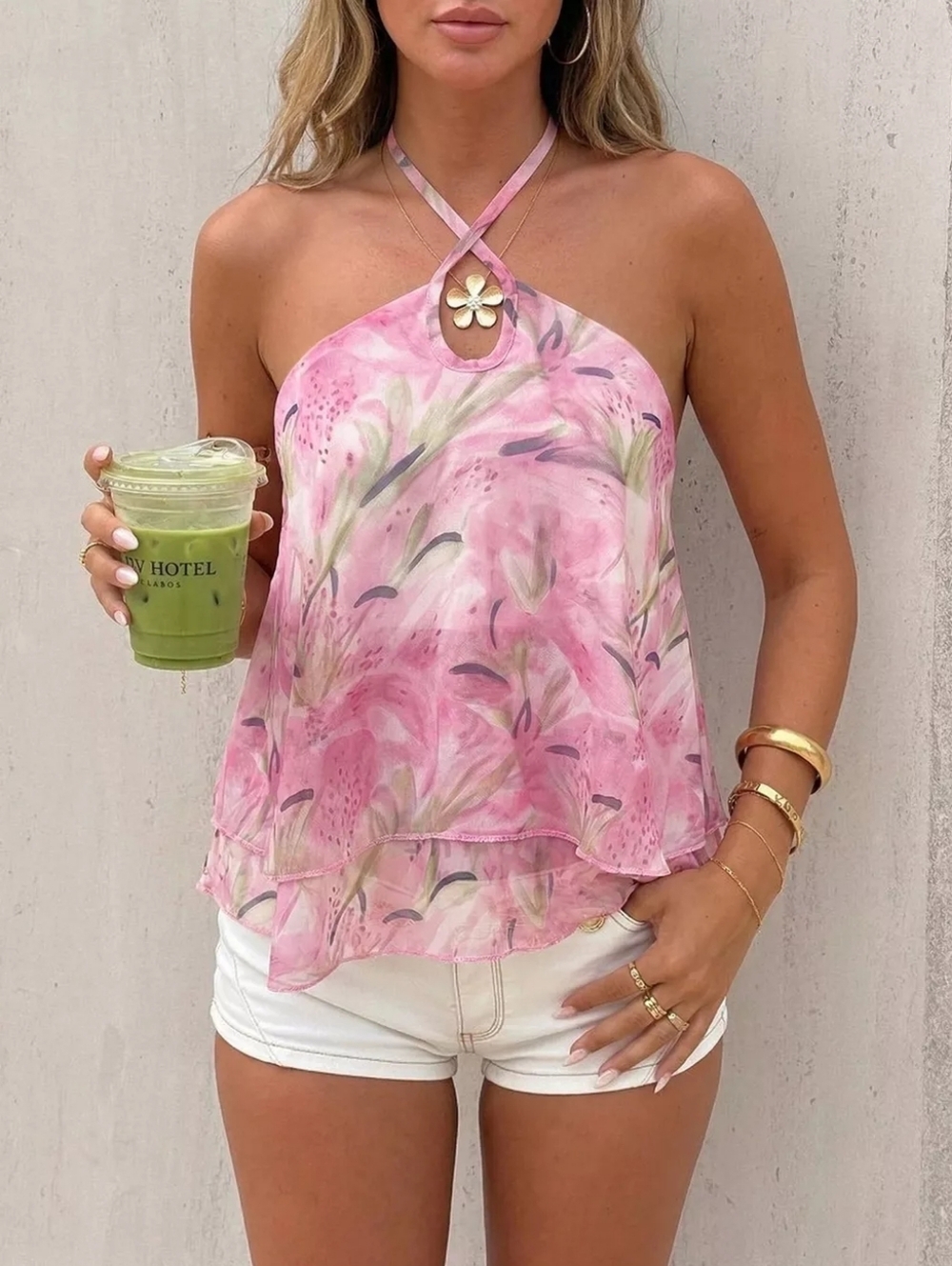 🌸 Boutique Pink & Green Floral Halter Neck Top